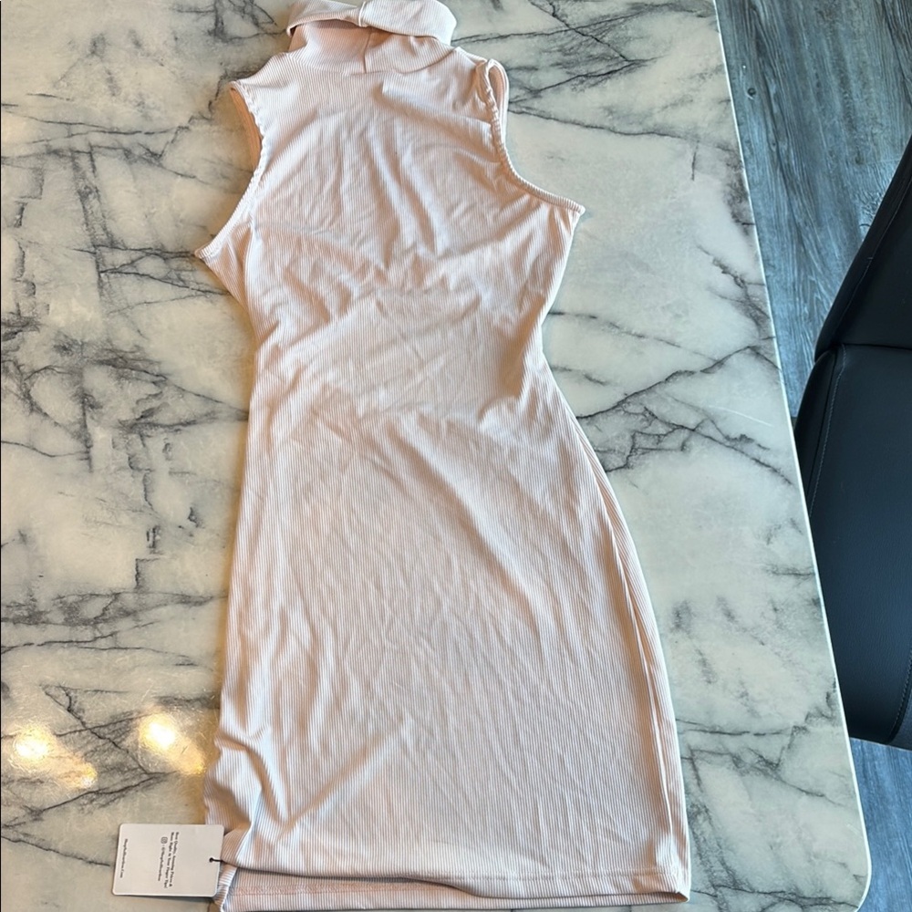 Uncommon Cream Asymmetrical Mock Neck Cocktail Dress